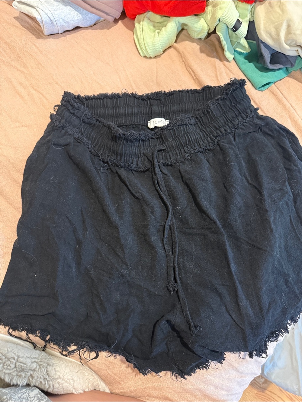 LA MIEL Black High-Waist Smocked Drawstring Shorts